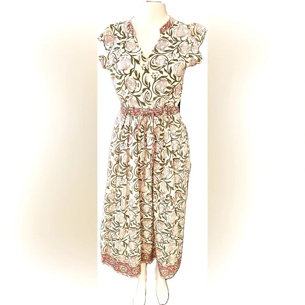 CHARLEE Pink and Green Floral Print Cotton Lined Drawstring Dress - sold out! - Picture 1 of 4